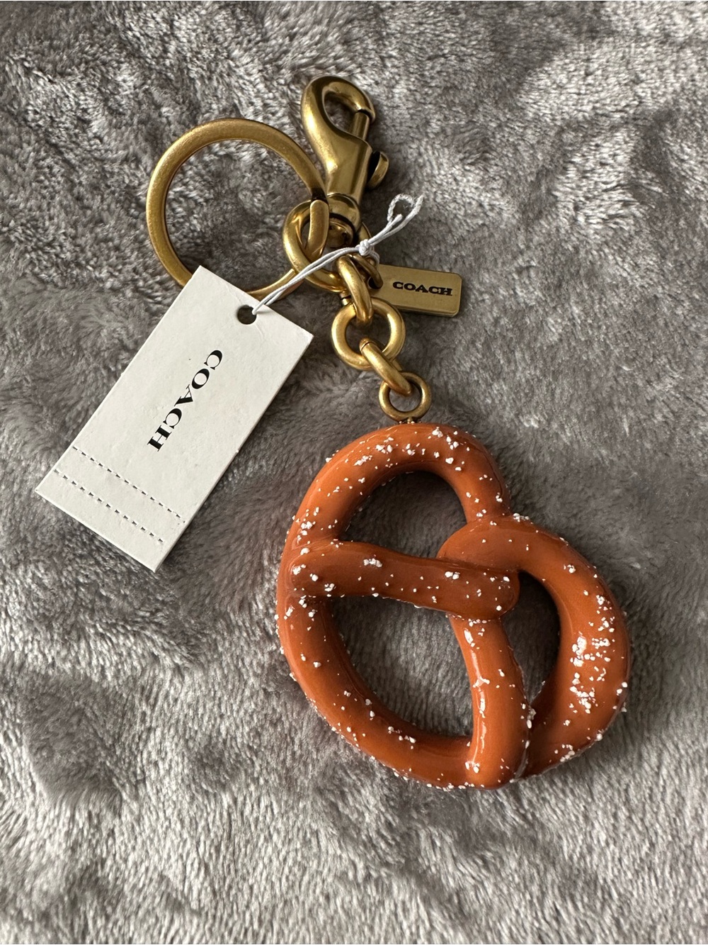 Coach Brown Pretzel Keychain with Brass Tone Gold Hardware NWT